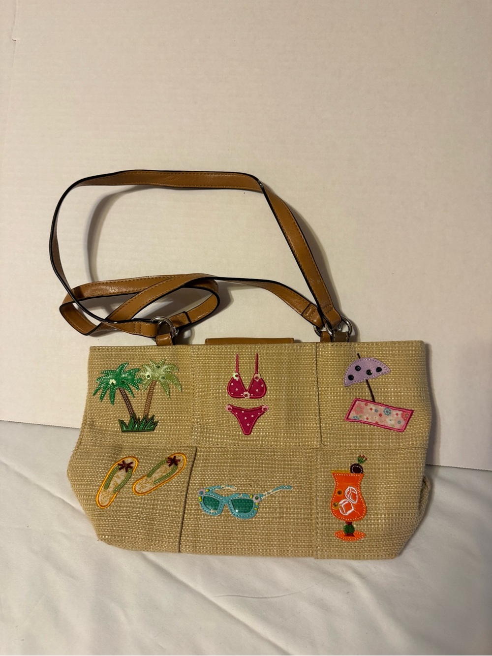 Urban Outfitters Tan Straw Shoulder Bag with Colorful Patch Appliqués